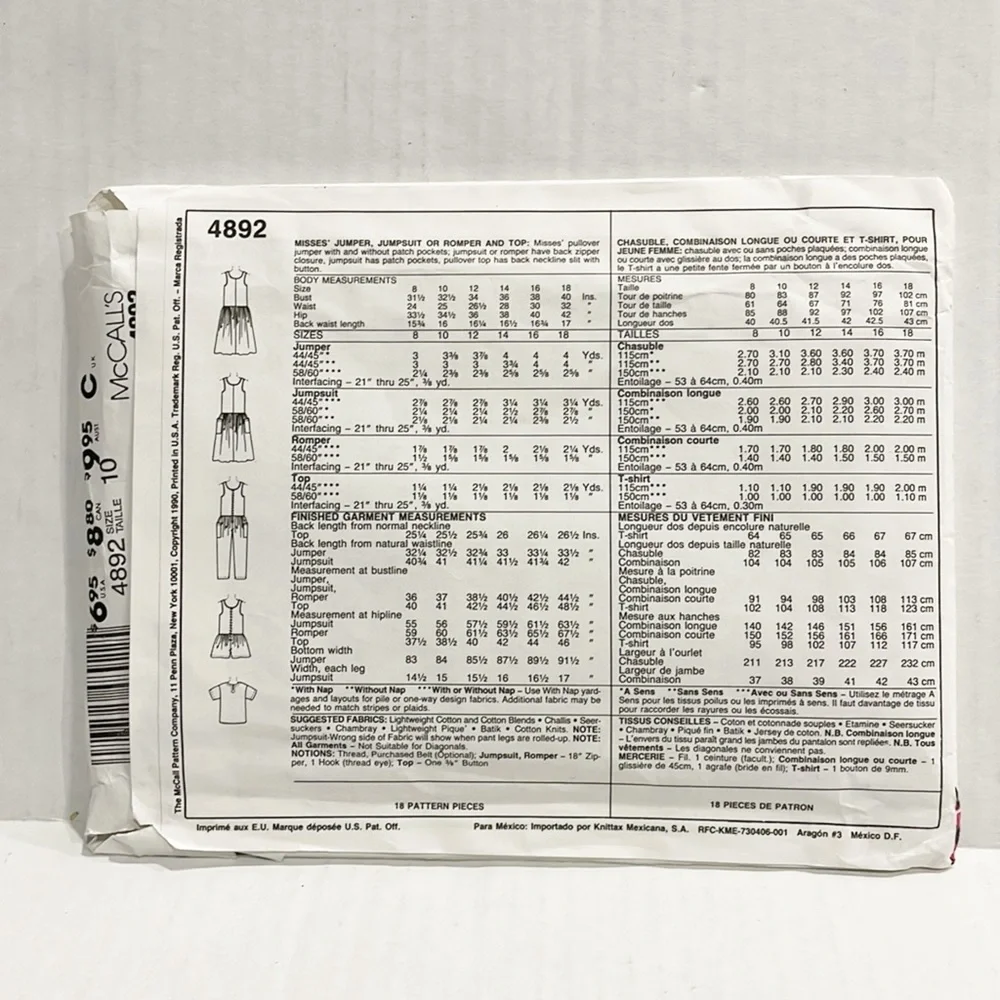 McCall’s Sewing Pattern‎ 4892 Easy Vintage 1990 Cottagecore Uncut Sz 10
